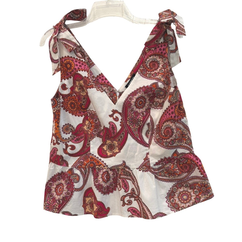Express Womens Pink Orange Paisley Tie Shoulder Peplum Top V-Neck Blouse Large